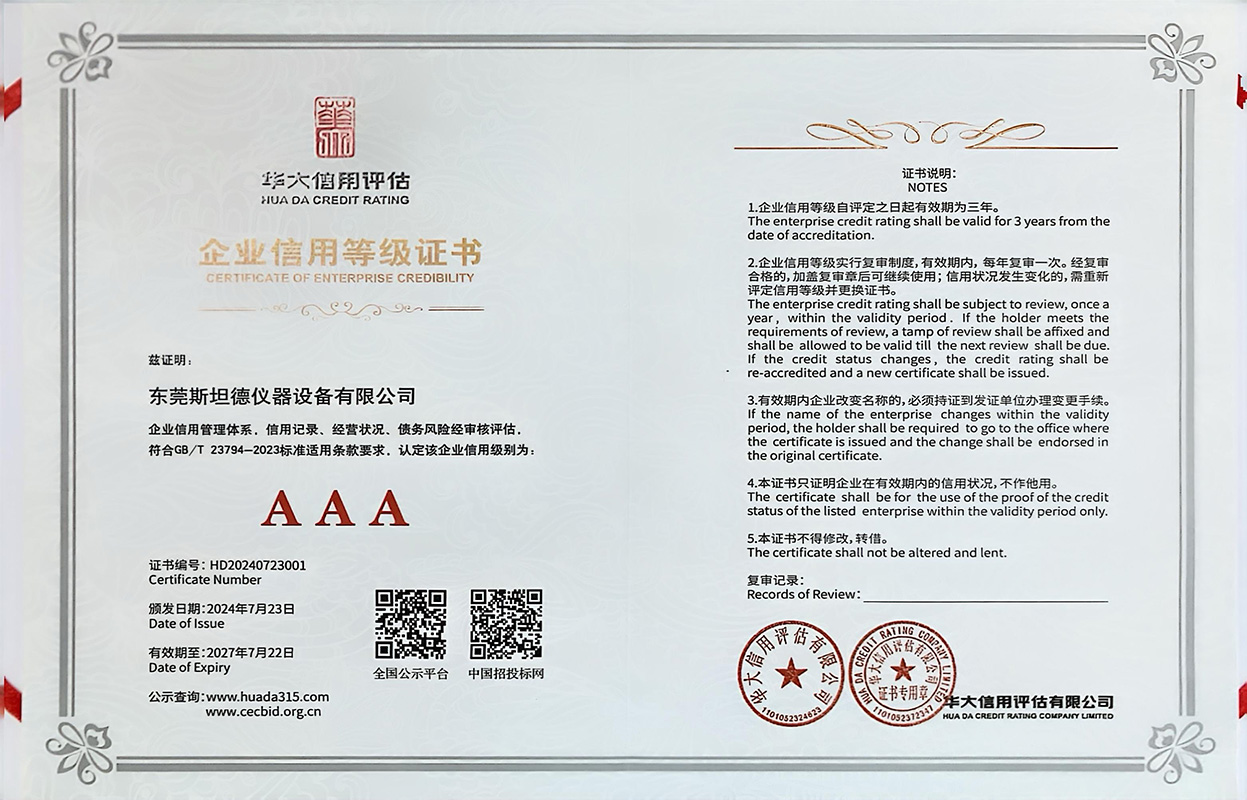 斯坦德RoHS檢測(cè)儀榮獲華大信用評(píng)估3A級(jí)企業(yè)信用等級(jí)認(rèn)證